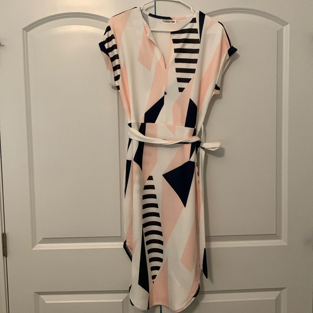 Pink and navy casual midi dress